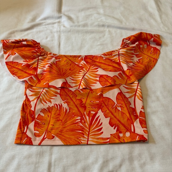 Kortni Jeane Small Orange Tropical Floral Ruffled Off Shoulder Swim Tankini Top - Picture 3 of 6